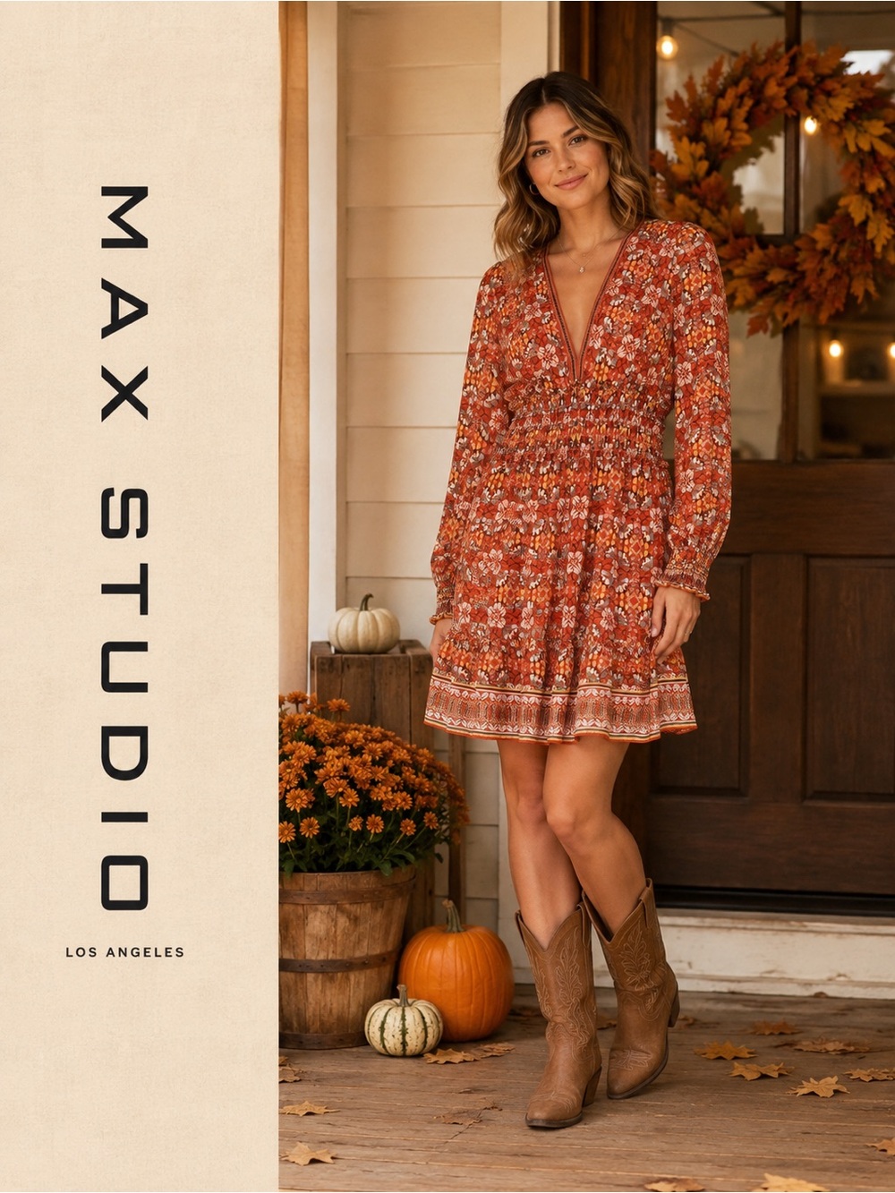 Max Studio Rust Floral Long-Sleeve Smocked Mini Dress